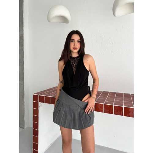 DANTEL DETAYLI DERIN DEKOLTE BODY ŞIK KOLSUZ YAZLIK BODYSUIT - SIYAH