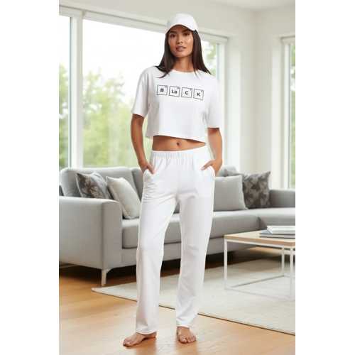 KADIN BEYAZ BASKILI CROP T-SHIRT PANTOLON TAKIM RAHAT GÜNLÜK SPOR ŞIK İKILI SET