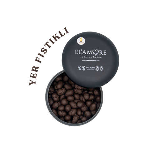ŞEKER İLAVESIZ, GLÜTENSIZ, VEGAN YER FISTIKLI BITTER ÇIKOLATA - SIYAH YUVARLAK METAL KUTU, 150 GR