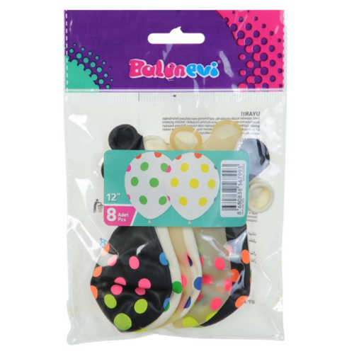BALONEVİ BALON BEYAZ ÜZERİ PUANTİYE 12" 8Lİ 7993