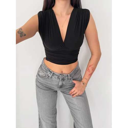 VATKALI KOLSUZ V YAKA DRAPELI CROP BLUZ LIKRALI FIT - SIYAH