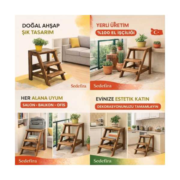 SEDEFİRA AHŞAP TABURE KATLANIR MERDİVEN BASAMAK ÇOK AMAÇLI AHŞAP MERDİVEN TABURE