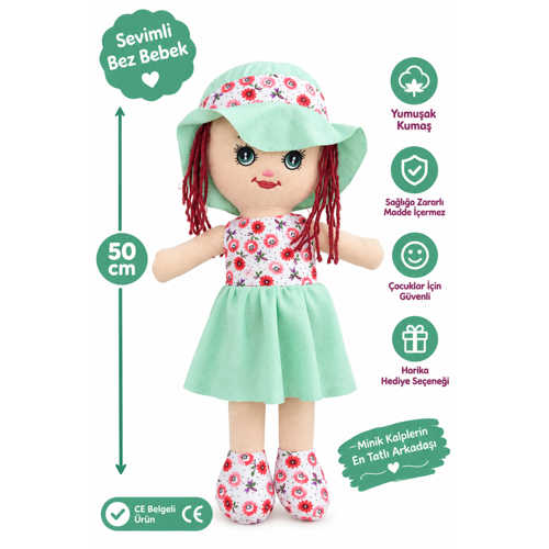 YEŞIL ÇIÇEKLI PELUŞ BEBEK 50 CM – CE BELGELI YUMUŞAK SEVIMLI OYUNCAK