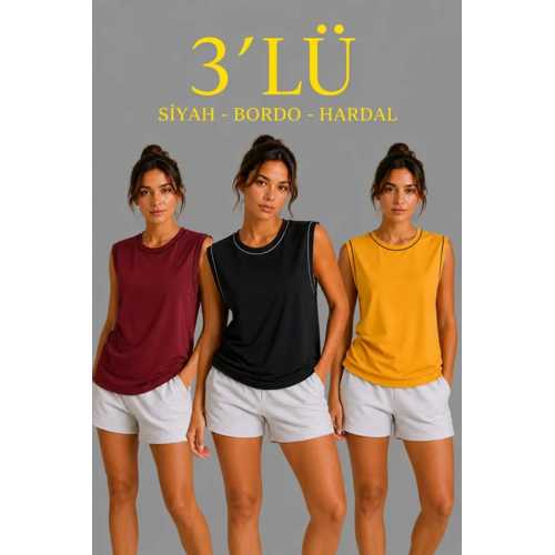 3’LÜ KOLSUZ SPORCU ATLET SETI YAZLIK BISIKLET YAKA - SIYAH, BORDO, HARDAL