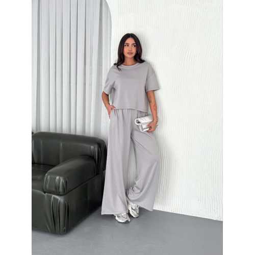 OSY MODAL YUMUŞAK DOKULU KUMAŞ BISIKLET YAKA T-SHIRT  BOL PAÇA PANTALON IKILI TAKIM - BOYALI GRI