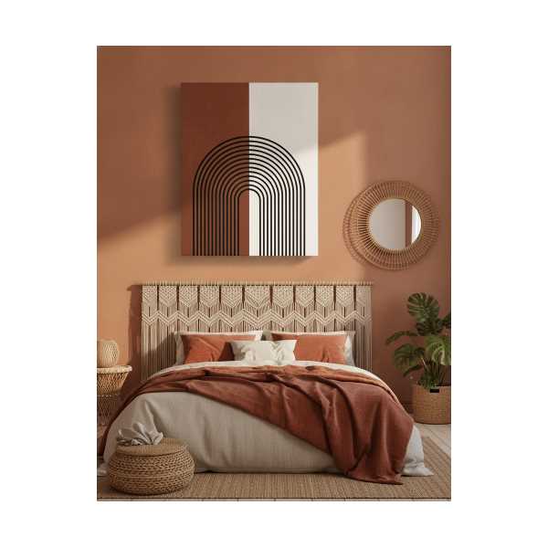 MID CENTURY MINIMAL GEOMETRIK DUVAR DEKORU | TOPRAK TONLARI SIYAH ÇIZGILI PREMIUM KANVAS BASKI