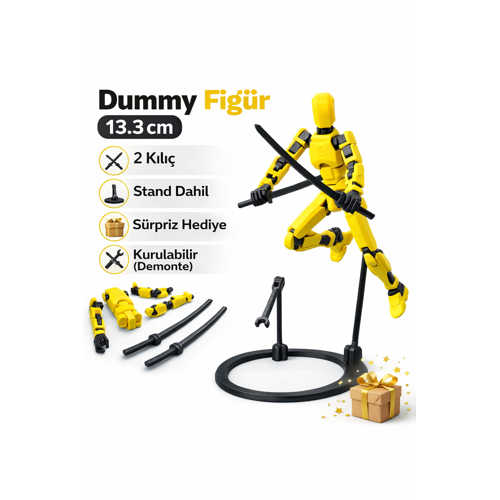 DUMMY FİGÜR 13.3 CM – SARI RENK AKSİYON OYUNCAK | 2 KILIÇ + STAND + SÜRPRİZ HEDİYELİ