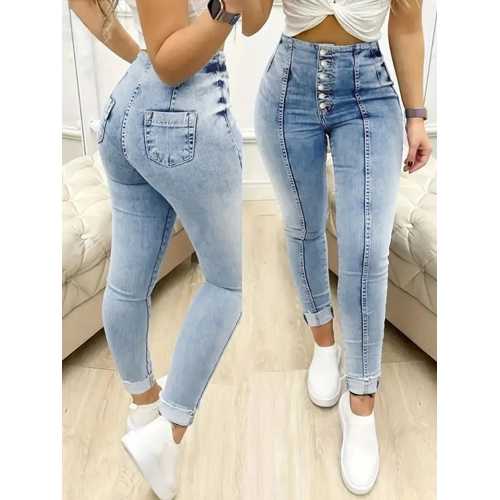 KADIN YÜKSEK BEL ÖNDEN DÜĞMELI JEAN PANTOLON