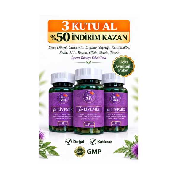 LİVEMİX  (DEVE DİKENİ/SİLİMARİN, ZERDEÇAL, ENGİNAR YAPRAĞI, KARAHİNDİBA) 60 KAPSÜL (3'LÜ SET)