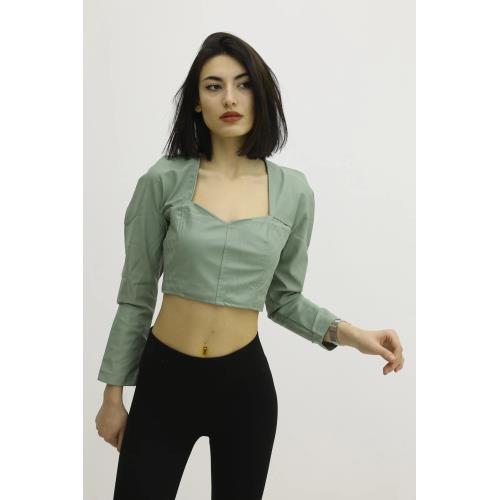 SİRT LASTİKLİ DEKOLTELİ DERİ BLUZ YESİL - P-019690