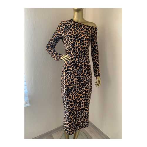 LEOPAR DESENLİ TEK OMUZ AÇIK DETAY TOK JARSE KUMAŞTAN MIDI BOY ELBİSE, HAND MADE, ÖZEL DİKİM İŞİ