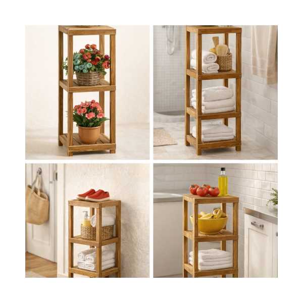 WOODEN CİTY 3 KATLI DEKORATİF AHŞAP BANYO RAFI AYAKKABILIK SAKSILIK MUTFAK DÜZENLEYİCİ RAF 30X30X90