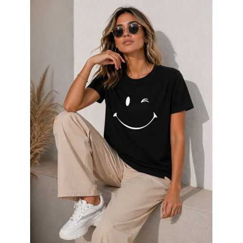 MINIMAL GÜLÜMSEYEN YÜZ BASKILI TIŞÖRT KISA KOL YAZLIK T-SHIRT - SIYAH