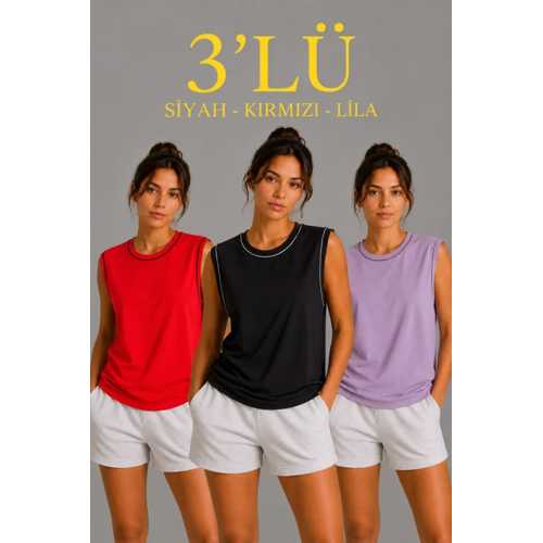 3’LÜ KOLSUZ SPORCU ATLET SETI YAZLIK BISIKLET YAKA - SIYAH, KIRMIZI, LILA