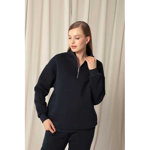 ÜÇ İPLİK DİK YAKA YARIM FERMUARLI KADIN LACİVERT SWEAT
