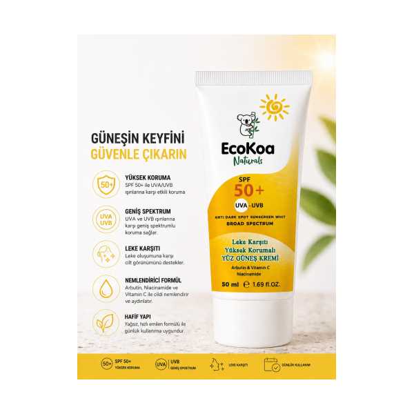 ECOKOA NATURAL SPF 50+ UVA-UVB  C VİTAMİNİ YENİ NESİL FİLTRE GÜNEŞ KREMİ 50 ML