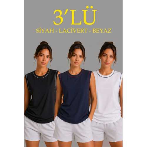 3’LÜ KOLSUZ SPORCU ATLET SETI YAZLIK BISIKLET YAKA - SIYAH, LACIVERT, BEYAZ