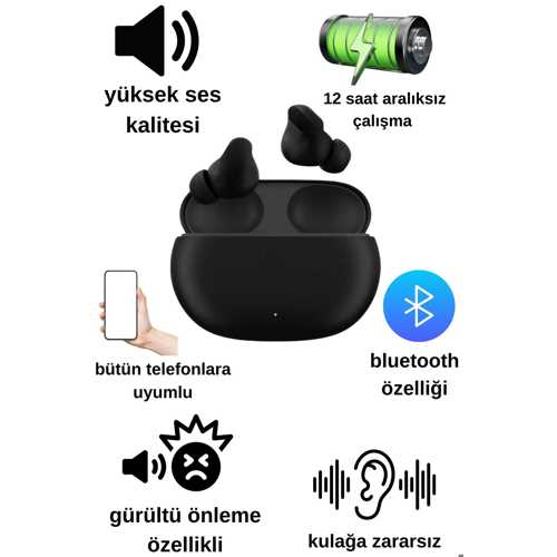 GÜRÜLTÜ ÖNLEME ÖZELLİKLİ BULUTUTLU GERÇEK KABLOSUZ KULAK IÇİ KULAKLIK SİYAH