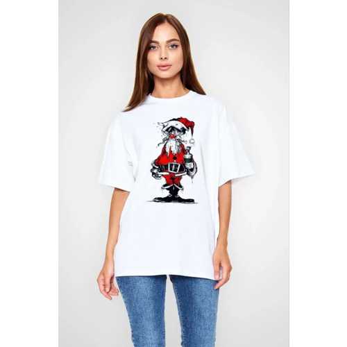 UNISEX BISIKLET YAKA BASKILI OVERSIZE T-SHIRT - BEYAZ