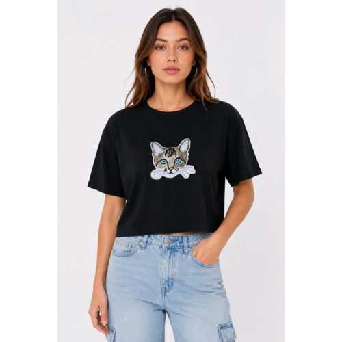 KEDI BASKILI OVERSIZE CROP TIŞÖRT SALAŞ BASIC YARIM KOL T-SHIRT - SIYAH