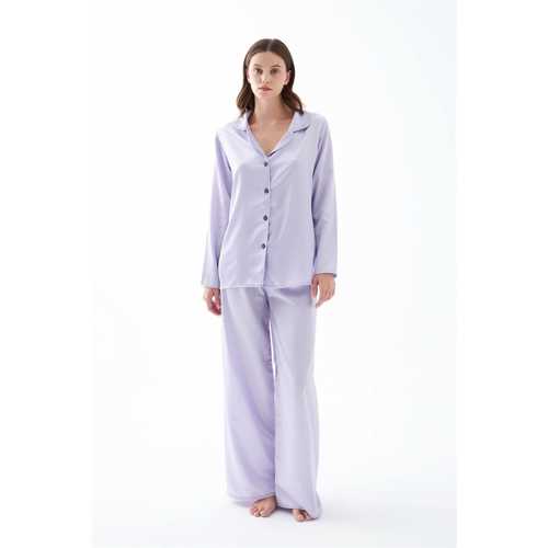 KADIN LILA OVERSIZE SATEN PIJAMA TAKIMI – RAHAT KESIM ŞIK EV GIYIM SETI