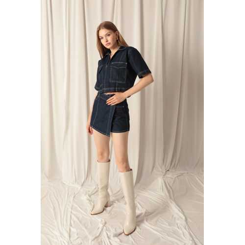 DENIM KUMAŞ KISA CEPLI CROP KADIN LACIVERT KOT CEKET