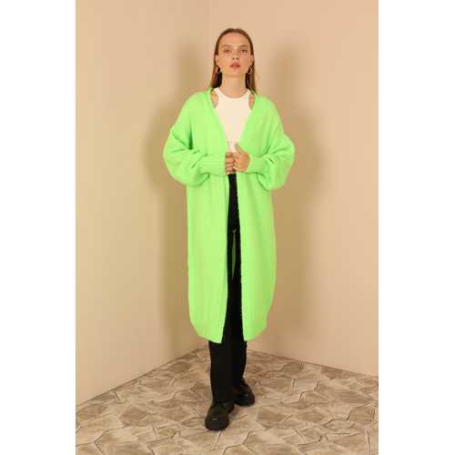 TRİKO KUMAŞ ŞAL YAKA UZUN KADIN HIRKA-NEON YEŞİL