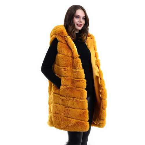 KAPŞONLU PELUŞ KÜRK YELEK PREMIUM KALITE, TAM ASTARLI, UZUN MODEL - SARI