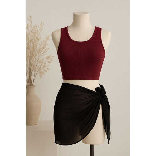 KADIN BORDO YUVARLAK YAKA CROP VE SİYAH PAREO 2'Lİ SET