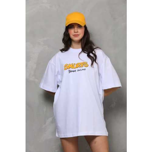 UNISEX BISIKLET YAKA BASKILI OVERSIZE T-SHIRT - BEYAZ