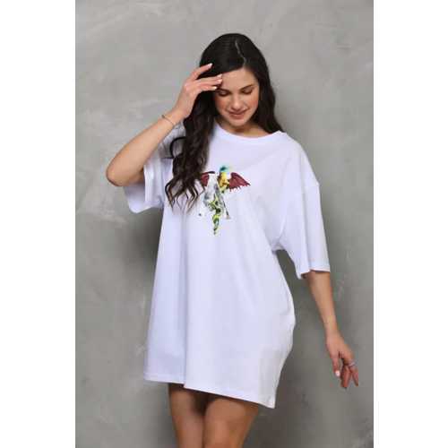 UNISEX BISIKLET YAKA BASKILI OVERSIZE T-SHIRT - BEYAZ