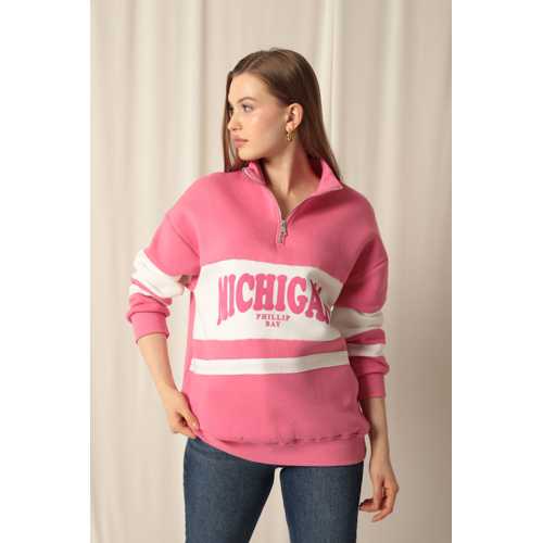 ÜÇ İPLİK MİCHİGAN BASKILI FERMUARLI KADIN PEMBE SWEAT