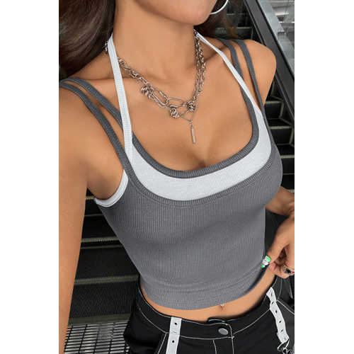 KADIN ANTRASİT GRİ BEYAZ ÇİFT RENK ÇAPRAZ ASKILI CROP TOP BLUZ
