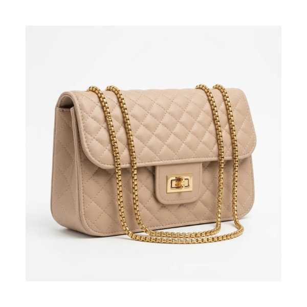 BEJ KAPITONE SUNI DERI GOLD ZINCIRLI OMUZ ÇANTA 23×16 CM
