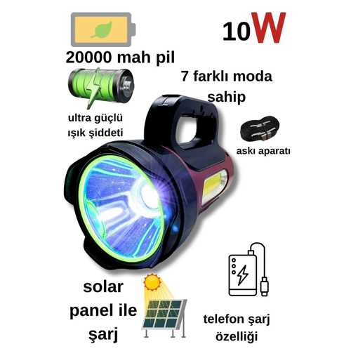 PS-T93 10W UZUN MENZİLLİ SOLAR PANELLİ POWERBANK+USB ÇIKIŞ S.O.S LU ULTRA GÜÇLÜ LEDLİ ŞARJLI FENERİ