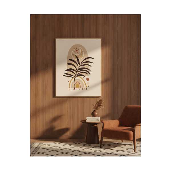 BOHO GÜNEŞ VE YAPRAK KANVAS TABLO – MINIMAL SOYUT DUVAR DEKORU
