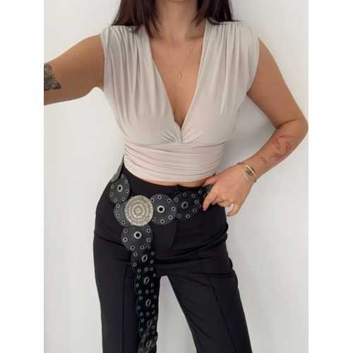 VATKALI KOLSUZ V YAKA DRAPELI CROP BLUZ LIKRALI FIT - BOYALI GRI