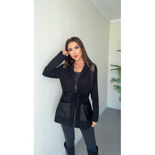 KADIN UZUN KOLLU ÖNÜ FERMUARLI FILE DETAYLI BELDEN BAĞCIKLI KISA MODAL CEKET