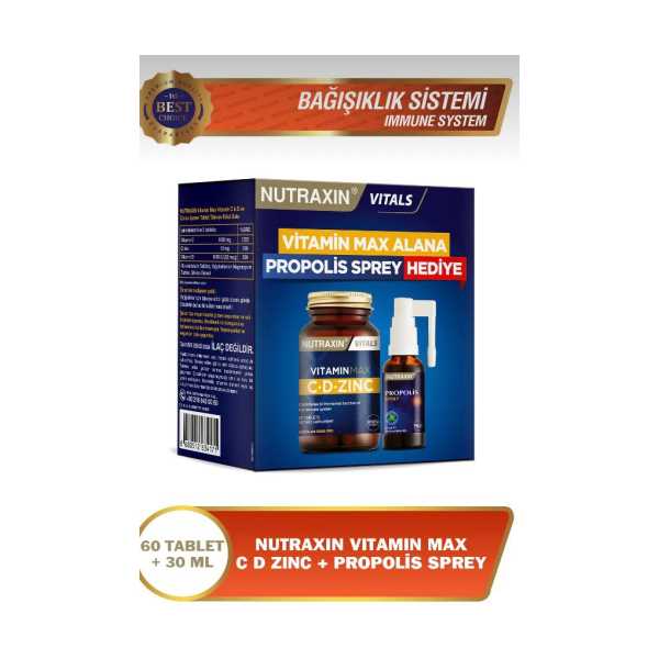 NUTRAXİN VİTAMİN MAX C D ZİNC 1.000 MG 60 TABLET ZAMAN SALINIMLI - PROPOLİS SPREY HEDİYE