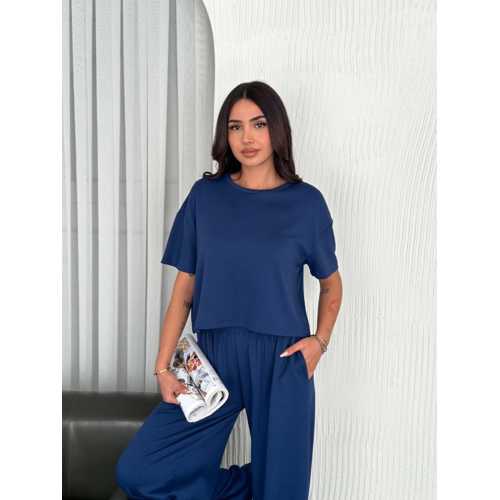 OSY MODAL YUMUŞAK DOKULU KUMAŞ BISIKLET YAKA T-SHIRT BOL PAÇA PANTALON IKILI TAKIM -SAKS MAVI