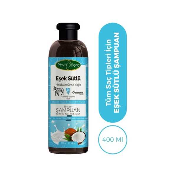 PHYTOFLORA KEPEK KARŞITI TUZSUZ EŞEK SÜTÜ, HİNDİSTAN CEVİZİ YAĞLI BİTKİSEL ŞAMPUAN - 400 ML