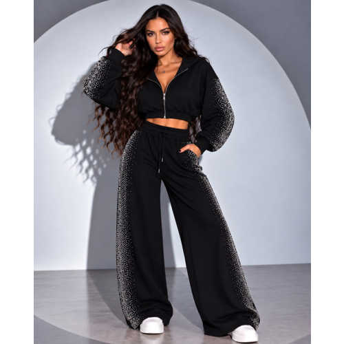 KADIN TAŞ BASKI DETAYLI FERMUARLI CROP SWEATSHIRT VE GENIŞ PAÇA EŞOFMAN TAKIMI