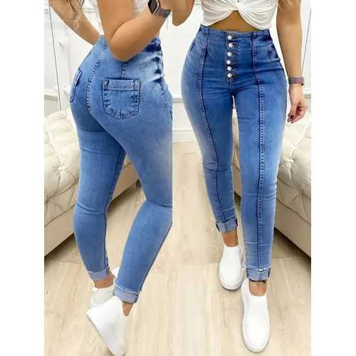 KADIN YÜKSEK BEL ÖNDEN DÜĞMELI JEAN PANTOLON
