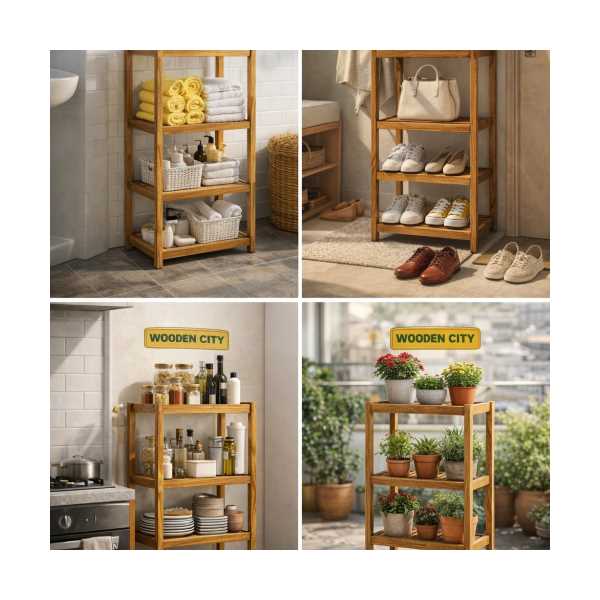 WOODEN CİTY 3 KATLI DEKORATİF AHŞAP BANYO RAFI AYAKKABILIK SAKSILIK MUTFAK DÜZENLEYİCİ RAF 45X30X90