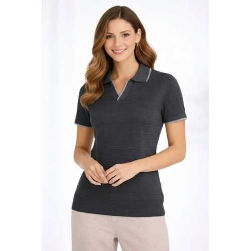 TRIKO KUMAŞ YAKALI DÜĞMESIZ AÇIK YAKA FITILLI KISA KOLLU REGULAR FIT TIŞÖRT T-SHIRT - SIYAH