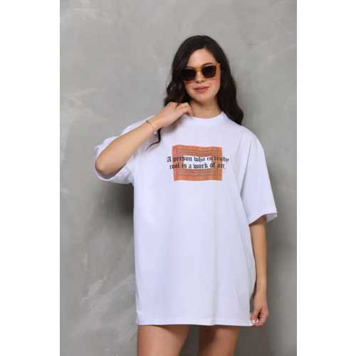 UNISEX BISIKLET YAKA BASKILI OVERSIZE T-SHIRT - BEYAZ