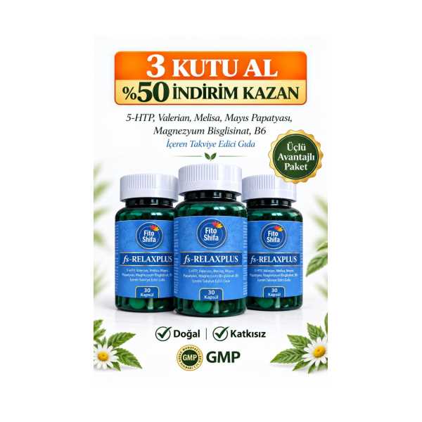 RELAXPLUS KAPSÜL (5HTP, VALLERİAN, MELİSA, MAYIS PAPATYASI, MAGNEZYUM BİSGLİSİNAT, B6 ) (3'LÜ SET)
