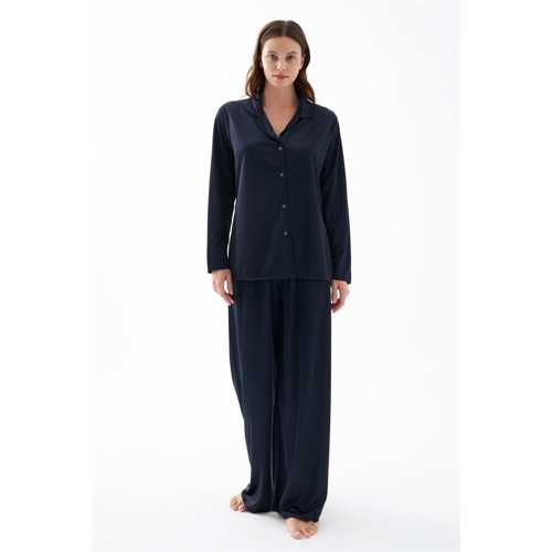 KADIN LACIVERT OVERSIZE SATEN PIJAMA TAKIMI – RAHAT KESIM ŞIK EV GIYIM SETI