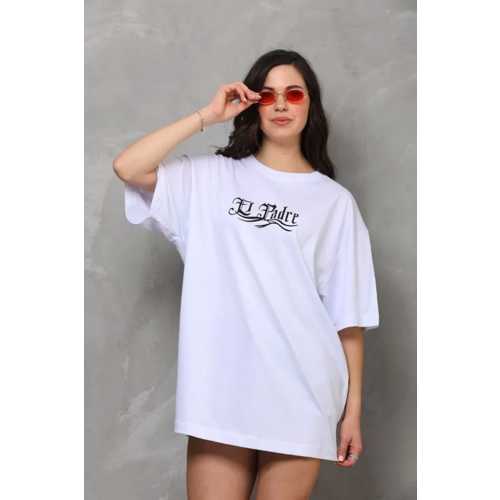 UNISEX BISIKLET YAKA BASKILI OVERSIZE T-SHIRT - BEYAZ