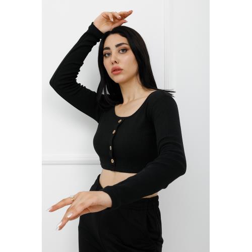 SAHTE DÜGMELİ MİNİ CROP BADY SİYAH - P-020494